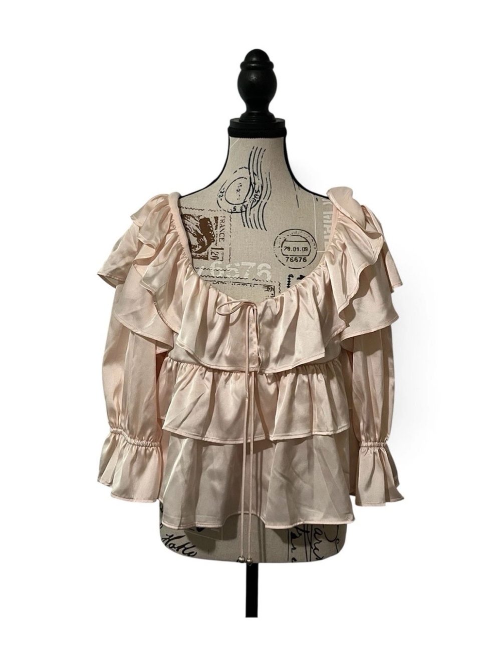 Francescas Ella Ruffle Tiered Satin Blouse Pink Off Shoulder Coquette NWT Medium